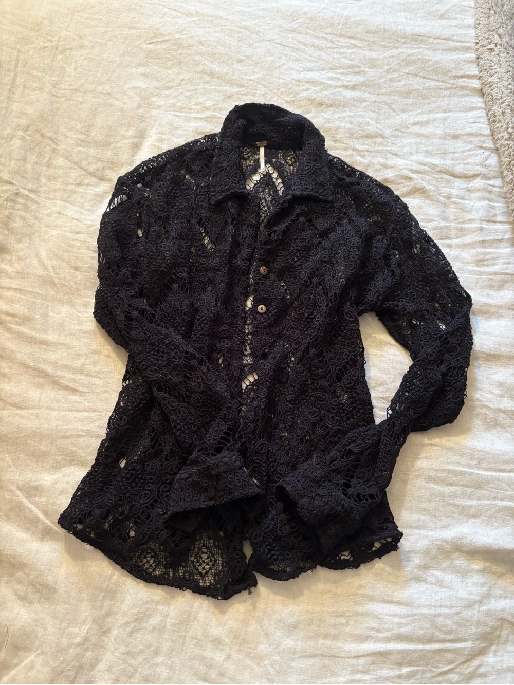Free People Black Crochet Knit Button-Up Cardigan